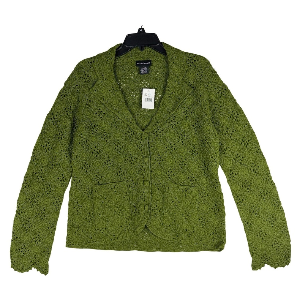 Sutton Studio Forest Green Crochet Linen Blend Button Front Cardigan Small NWT